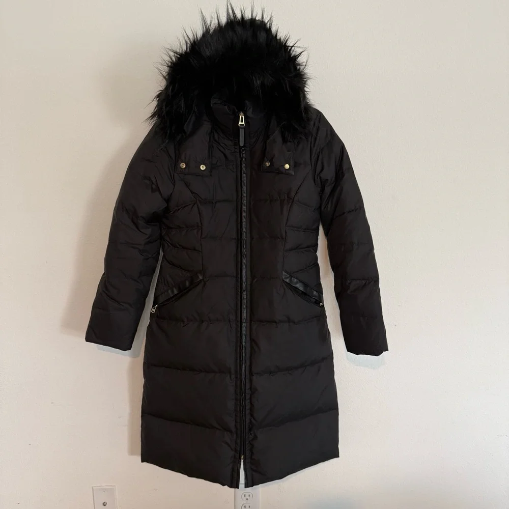 Women’s Cole Haan Black Puffer Coat Knee Length Hooded Size Medium Down Fill - Picture 1 of 7